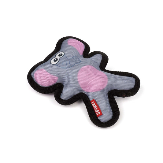 Gray elephant-shaped toy with pink trunk and black accents on a white background
